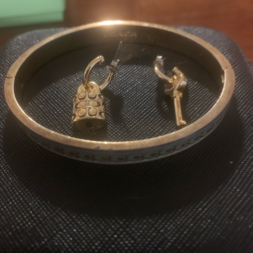 Coach Light Blue and Gold Bangle Bracelet with Lock and Key Earrings